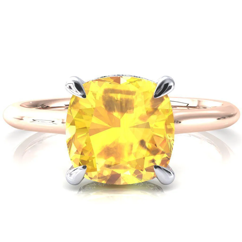 Janey Cushion Yellow Sapphire 4 Prongs Claw Floating Halo Inverted Cathedral Ring