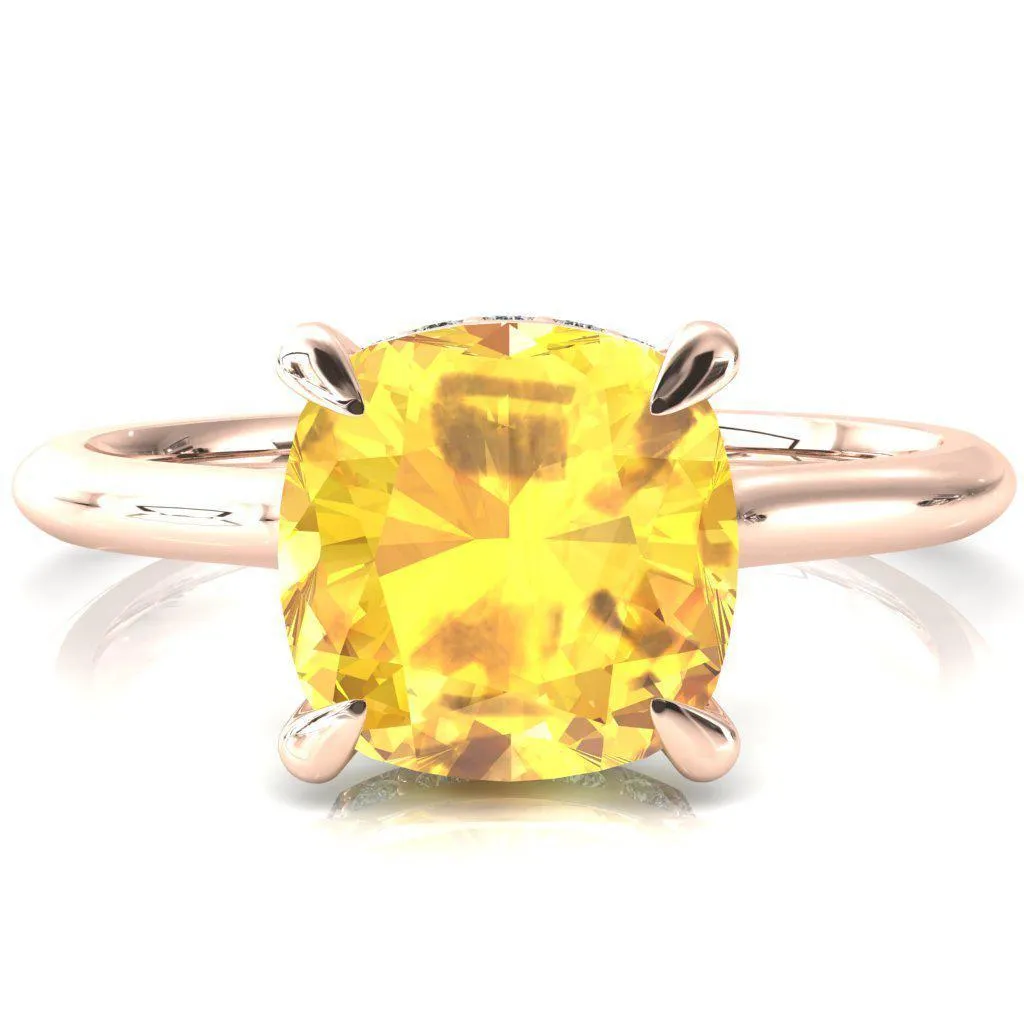 Janey Cushion Yellow Sapphire 4 Prongs Claw Floating Halo Inverted Cathedral Ring