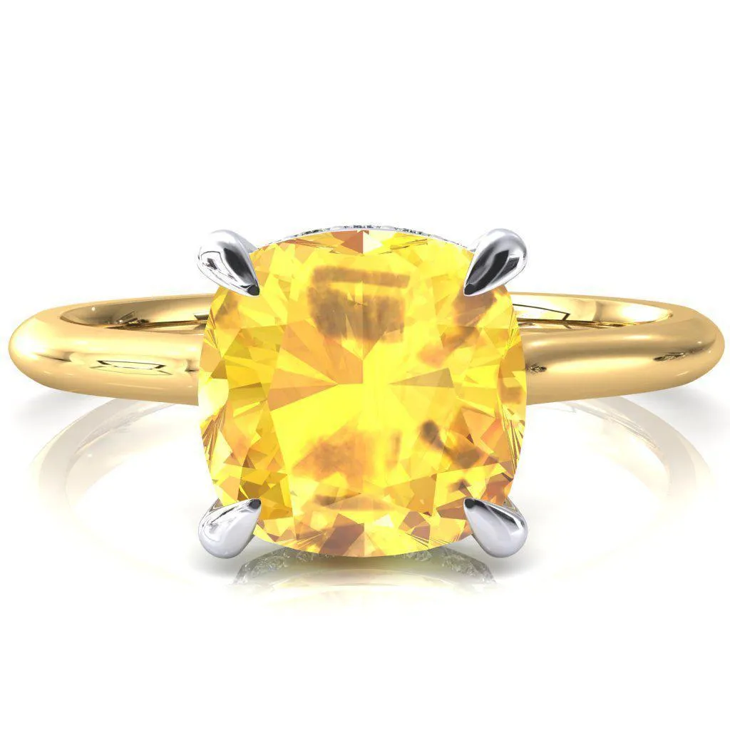 Janey Cushion Yellow Sapphire 4 Prongs Claw Floating Halo Inverted Cathedral Ring