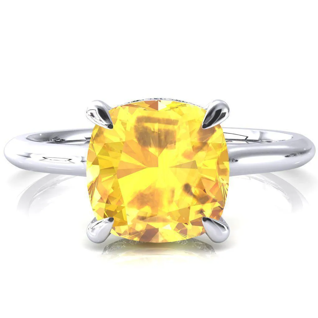 Janey Cushion Yellow Sapphire 4 Prongs Claw Floating Halo Inverted Cathedral Ring