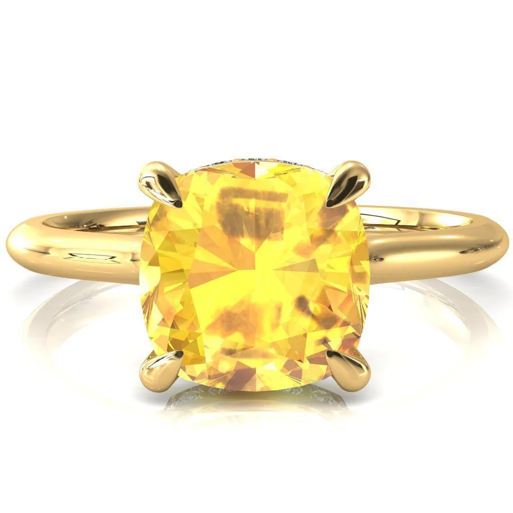 Janey Cushion Yellow Sapphire 4 Prongs Claw Floating Halo Inverted Cathedral Ring
