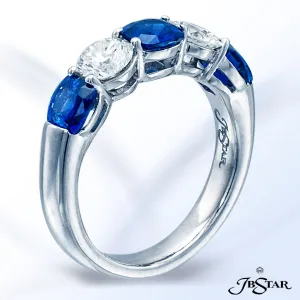 JB STAR PLATINUM DIAMOND AND SAPPHIRE BAND FEATURING ROUND DIAMONDS AND CUSHION-CUT BLUE SAPPHIRES