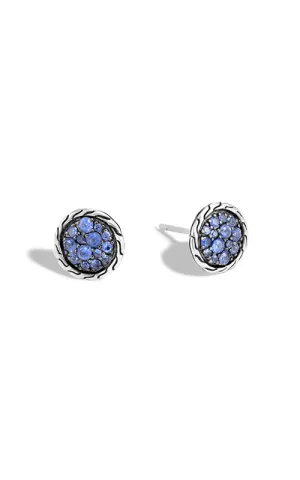 John Hardy Silver Classic Chain Round Blue Pave Sapphire Studs