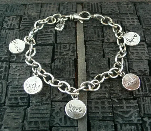 Kamofie Sterling Silver Link Bracelet with Small Love Charms and Peace Dove