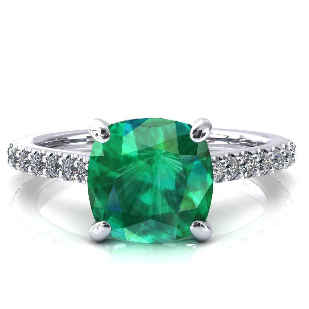 Kelsy Cushion Emerald 4 Prong 3/4 Shared Scalloped Inverted Cathedral Ring