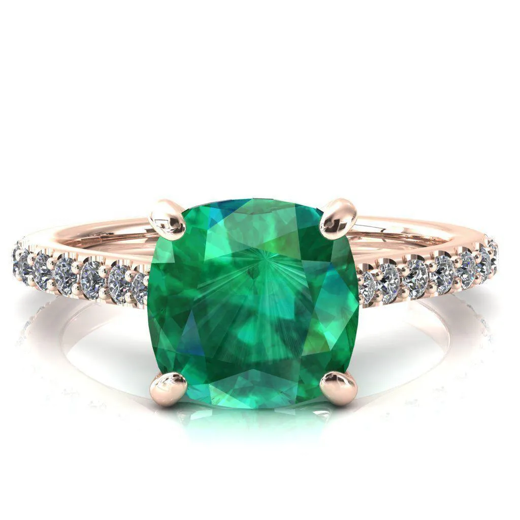 Kelsy Cushion Emerald 4 Prong 3/4 Shared Scalloped Inverted Cathedral Ring