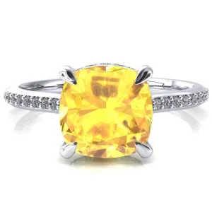 Kiki Cushion Yellow Sapphire 4 Prongs Claw Floating Halo 1/2 Pinpoint Inverted Cathedral Ring
