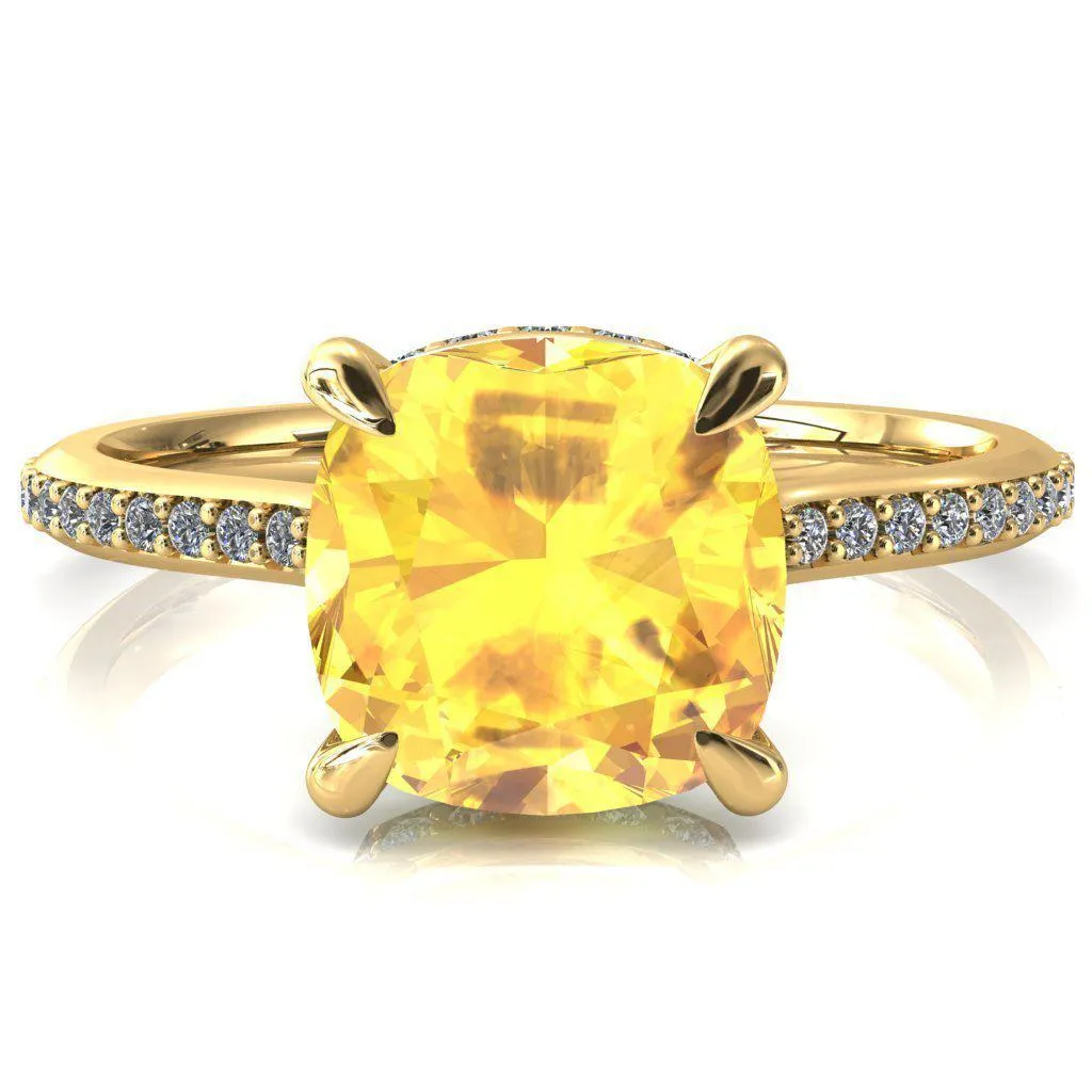 Kiki Cushion Yellow Sapphire 4 Prongs Claw Floating Halo 1/2 Pinpoint Inverted Cathedral Ring