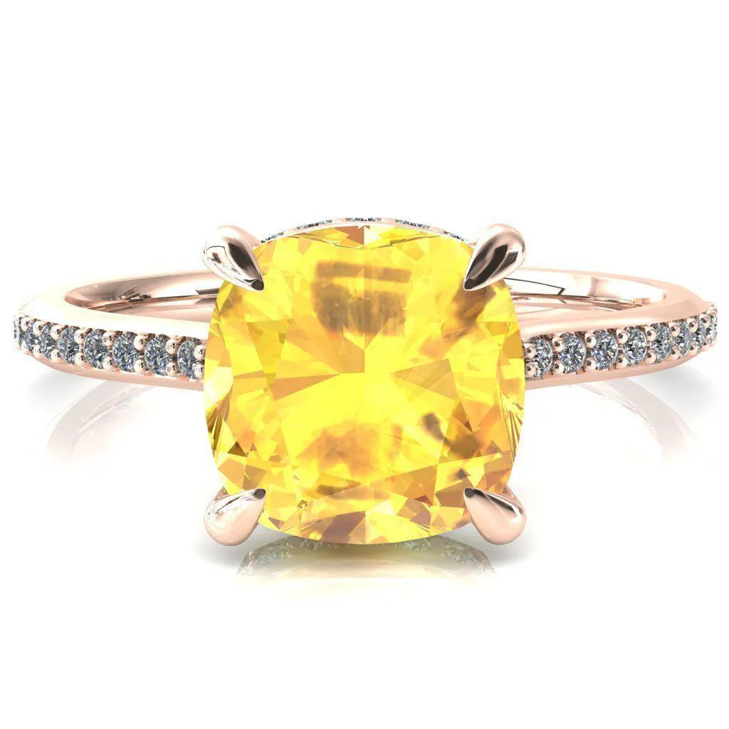 Kiki Cushion Yellow Sapphire 4 Prongs Claw Floating Halo 1/2 Pinpoint Inverted Cathedral Ring