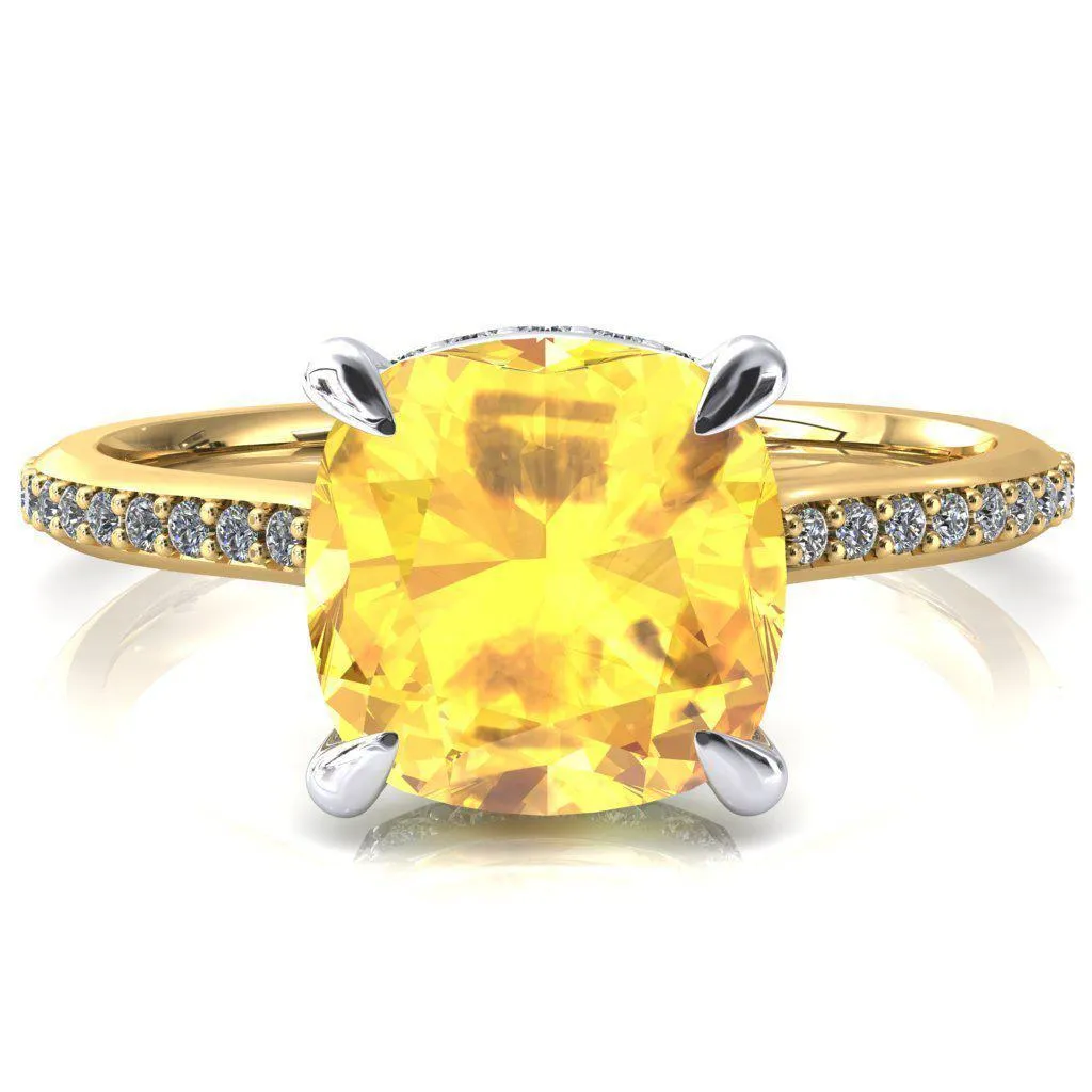 Kiki Cushion Yellow Sapphire 4 Prongs Claw Floating Halo 1/2 Pinpoint Inverted Cathedral Ring