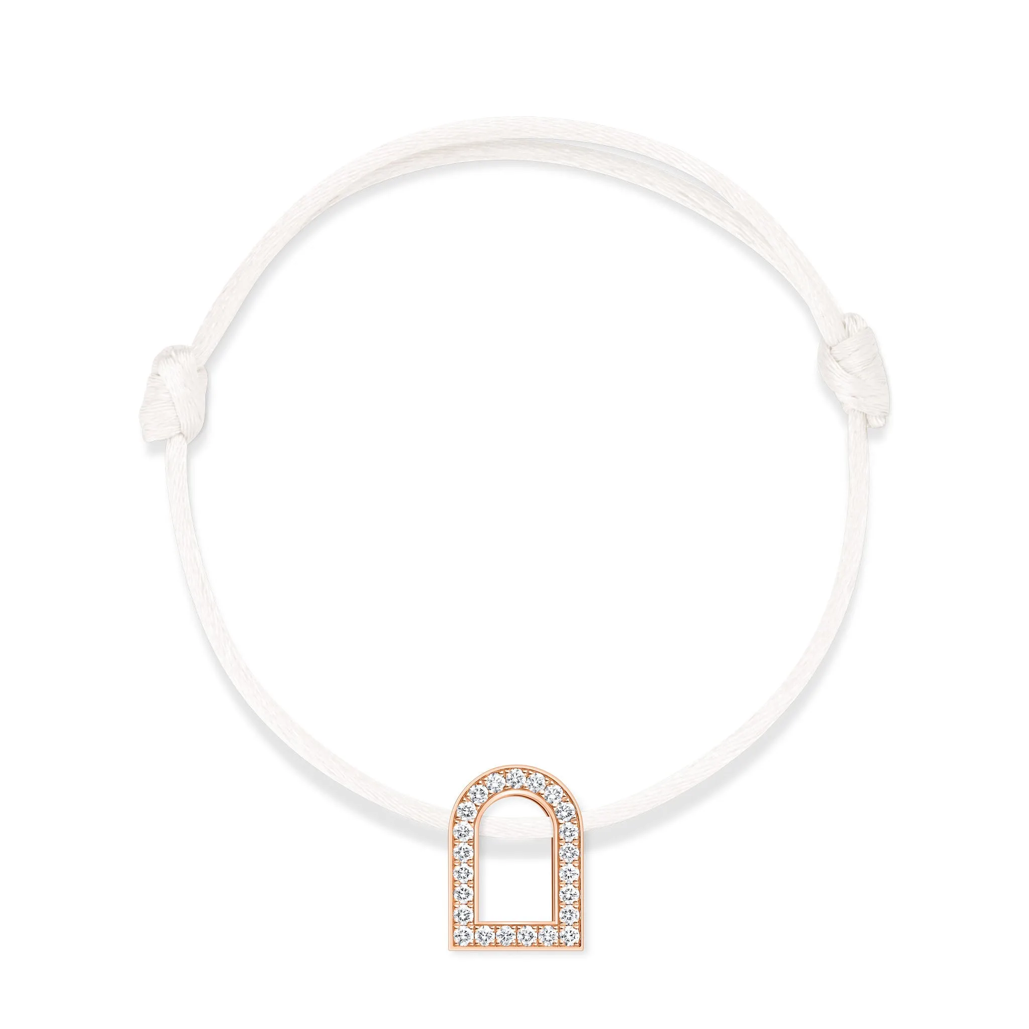 L'Arc Voyage Charm GM, 18k Rose Gold with Galerie Diamonds on Silk Cord Bracelet