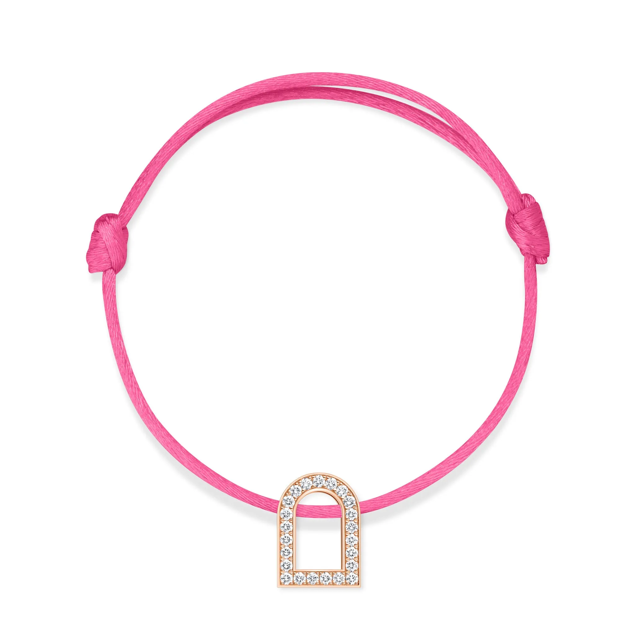L'Arc Voyage Charm GM, 18k Rose Gold with Galerie Diamonds on Silk Cord Bracelet