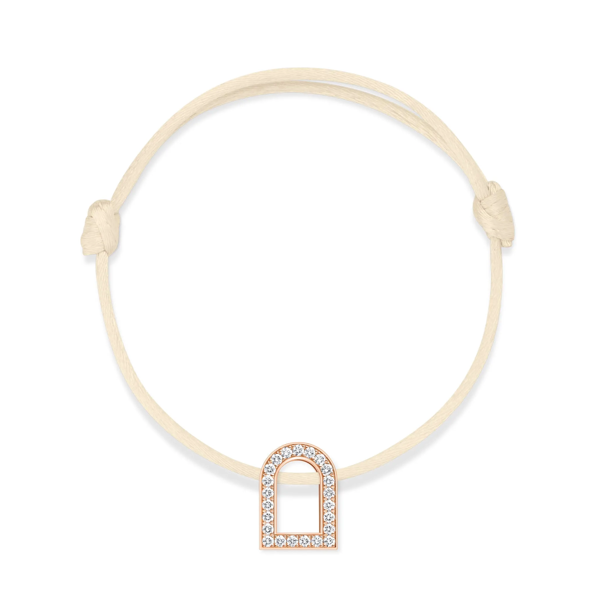 L'Arc Voyage Charm GM, 18k Rose Gold with Galerie Diamonds on Silk Cord Bracelet