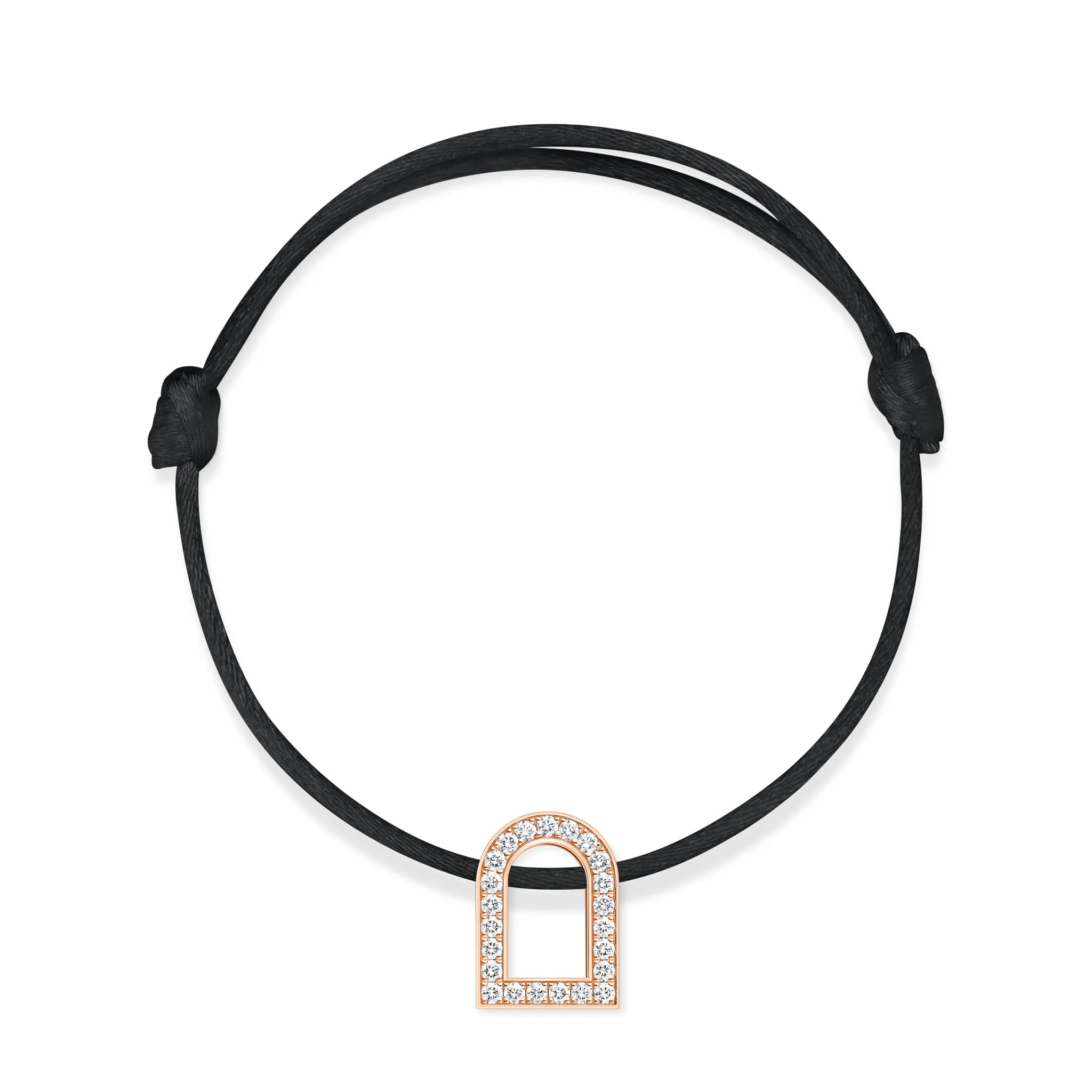 L'Arc Voyage Charm GM, 18k Rose Gold with Galerie Diamonds on Silk Cord Bracelet