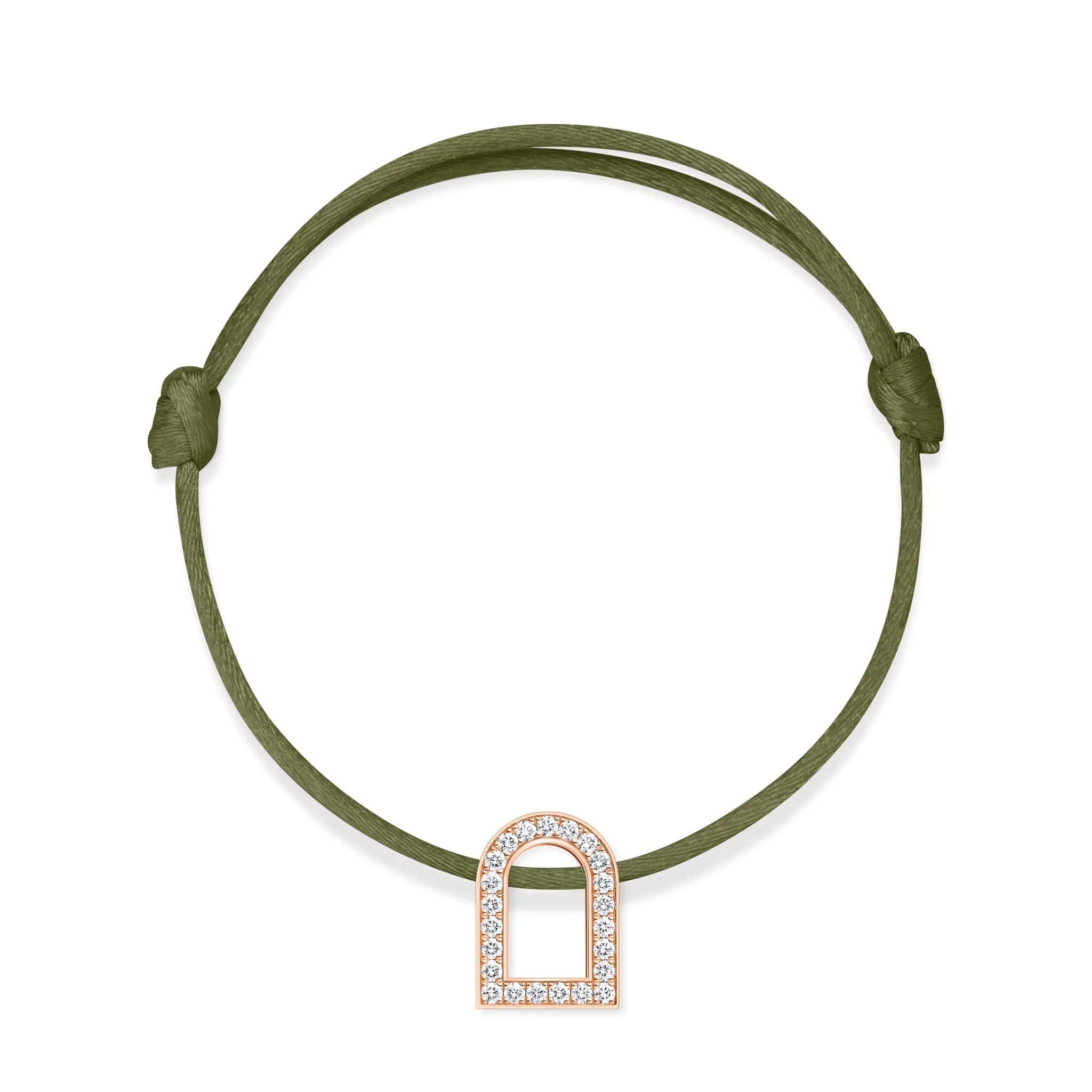 L'Arc Voyage Charm GM, 18k Rose Gold with Galerie Diamonds on Silk Cord Bracelet
