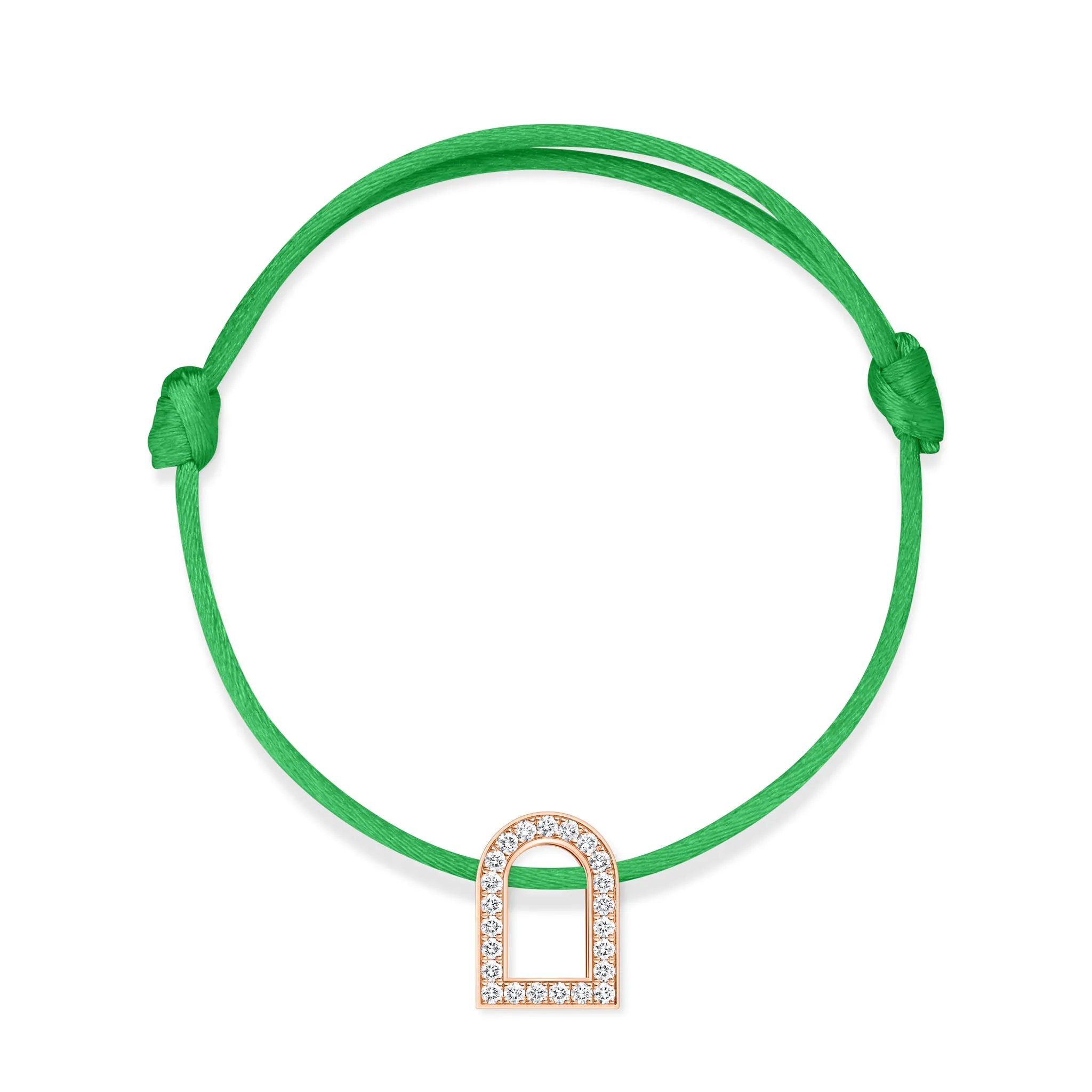 L'Arc Voyage Charm GM, 18k Rose Gold with Galerie Diamonds on Silk Cord Bracelet