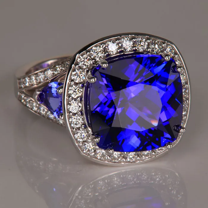 Large 14K White Gold Square Cushion Tanzanite & Diamond Ring 9.79 Carats