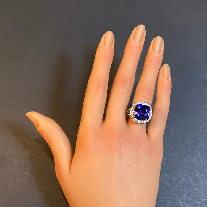 Large 14K White Gold Square Cushion Tanzanite & Diamond Ring 9.79 Carats