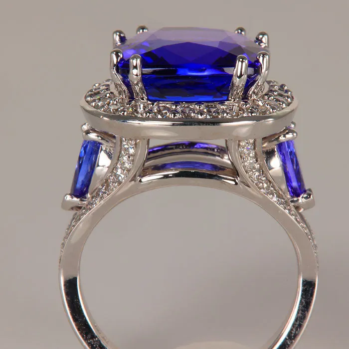 Large 14K White Gold Square Cushion Tanzanite & Diamond Ring 9.79 Carats
