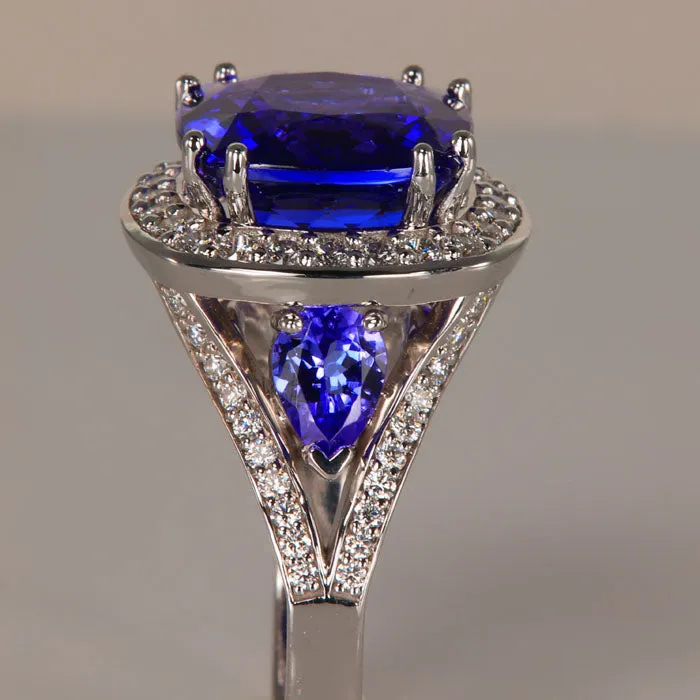 Large 14K White Gold Square Cushion Tanzanite & Diamond Ring 9.79 Carats