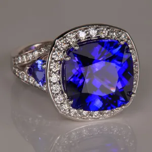 Large 14K White Gold Square Cushion Tanzanite & Diamond Ring 9.79 Carats
