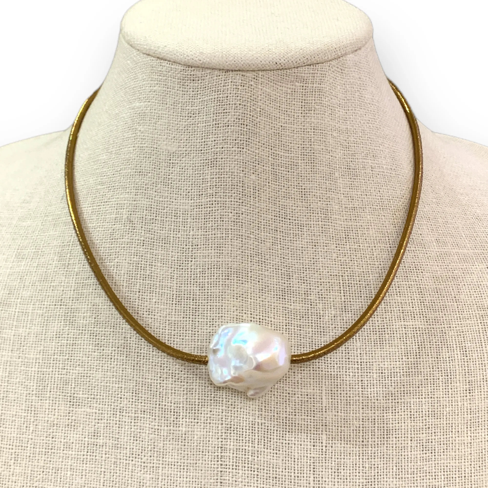 Large Baroque Freshwater Pearl on Gold Stitched Leather Choker