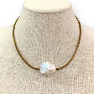 Large Baroque Freshwater Pearl on Gold Stitched Leather Choker