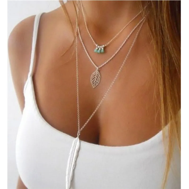 Leaf Long 3 Layer Chain Necklace