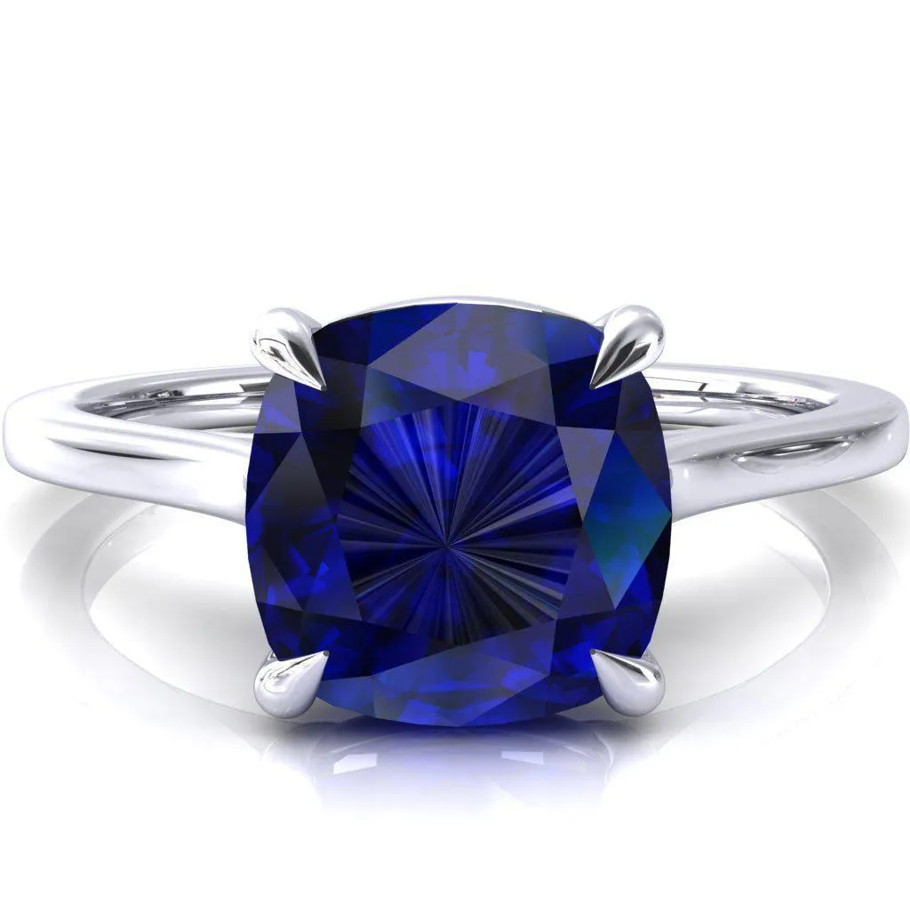 Lizzy Cushion Blue Sapphire 4 Claw Prong Cathedral Engagement Ring