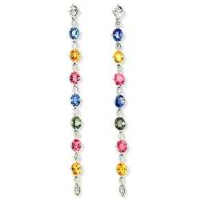 Long Drop Multicolor Sapphire Oval-shaped Diamond Dangle Earrings