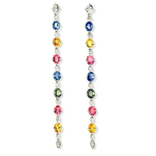 Long Drop Multicolor Sapphire Oval-shaped Diamond Dangle Earrings