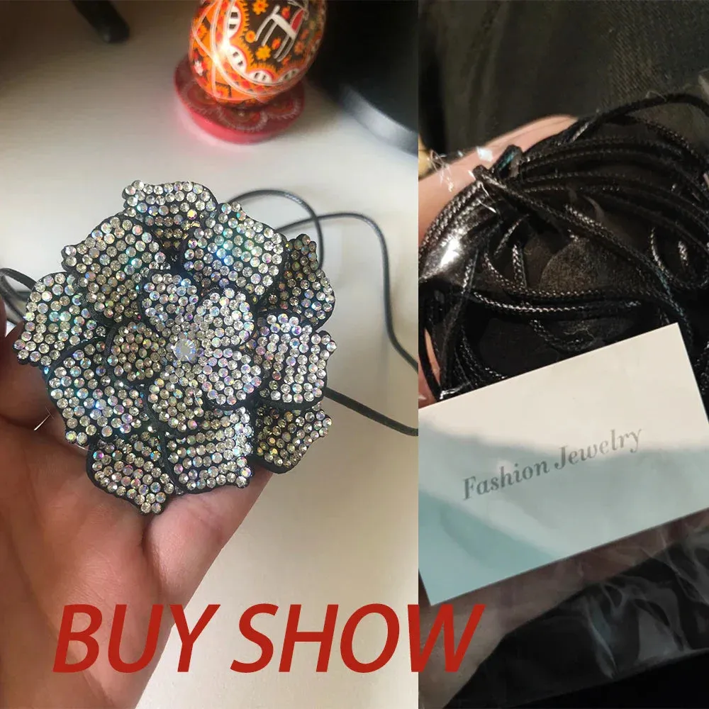 Luxury Full Rhinestone Big Rose Flower Choker Necklace Women Black Leather Wax Rope Clavicle Chain Adjustable Neck