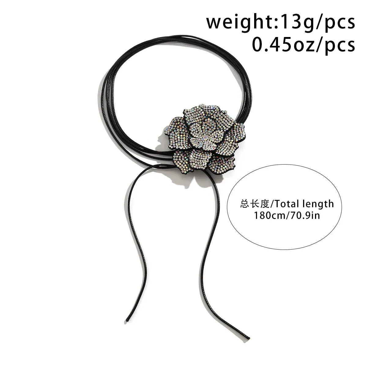Luxury Full Rhinestone Big Rose Flower Choker Necklace Women Black Leather Wax Rope Clavicle Chain Adjustable Neck