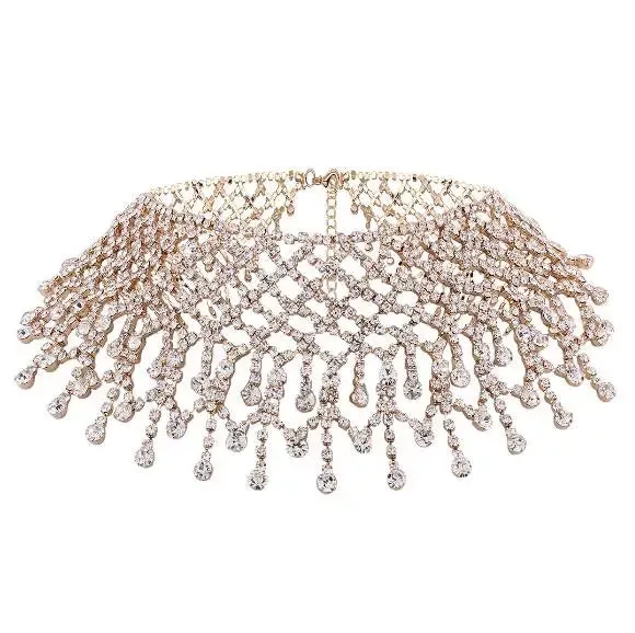luxury Rhinestone Chain Choker Necklace For Women Elegant Full Crystal Tassel Choker Collar Fashion Bridal Jewelry