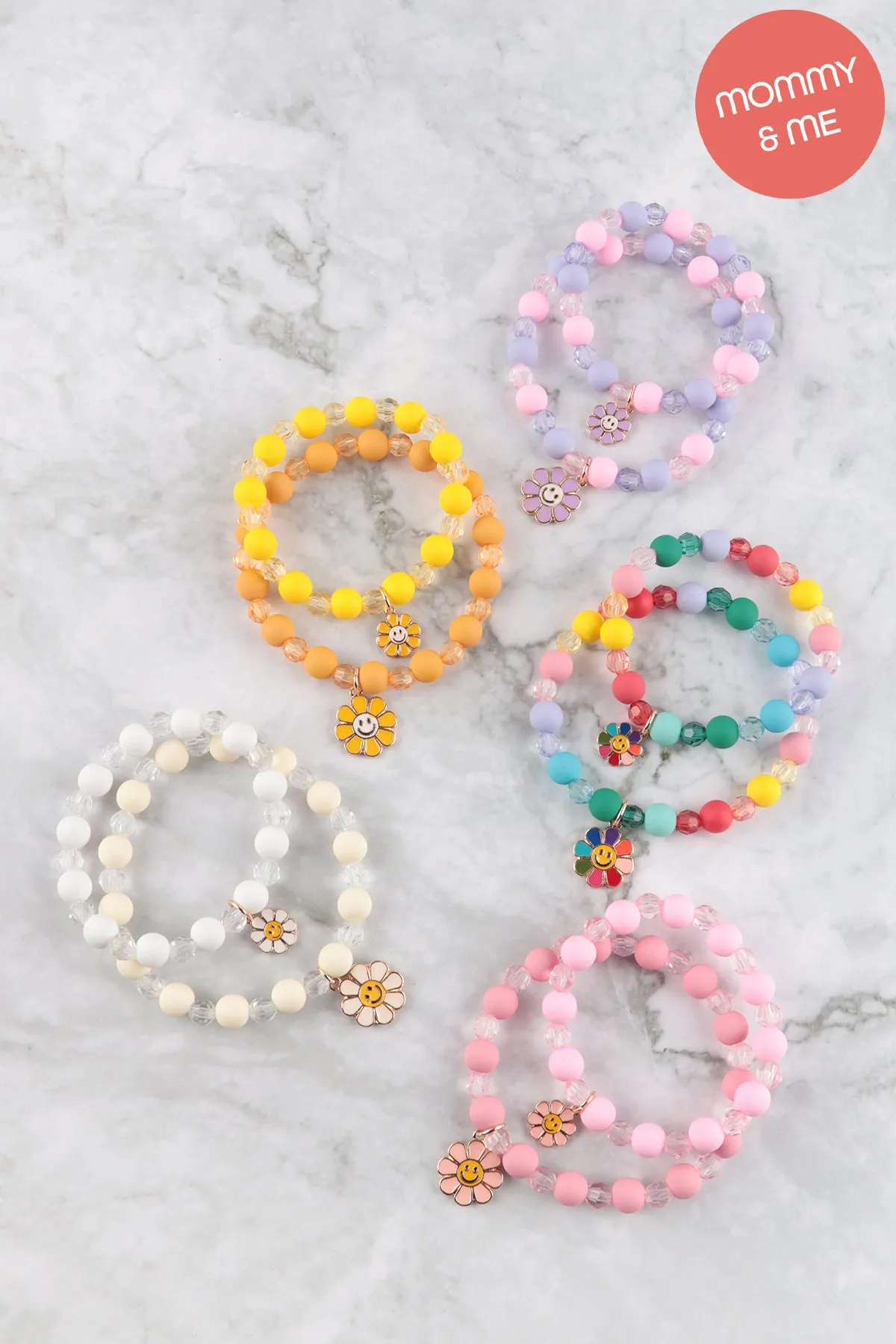 MAMA & MINI SMILE FLOWER ENAMEL CHARM BRACELET SET