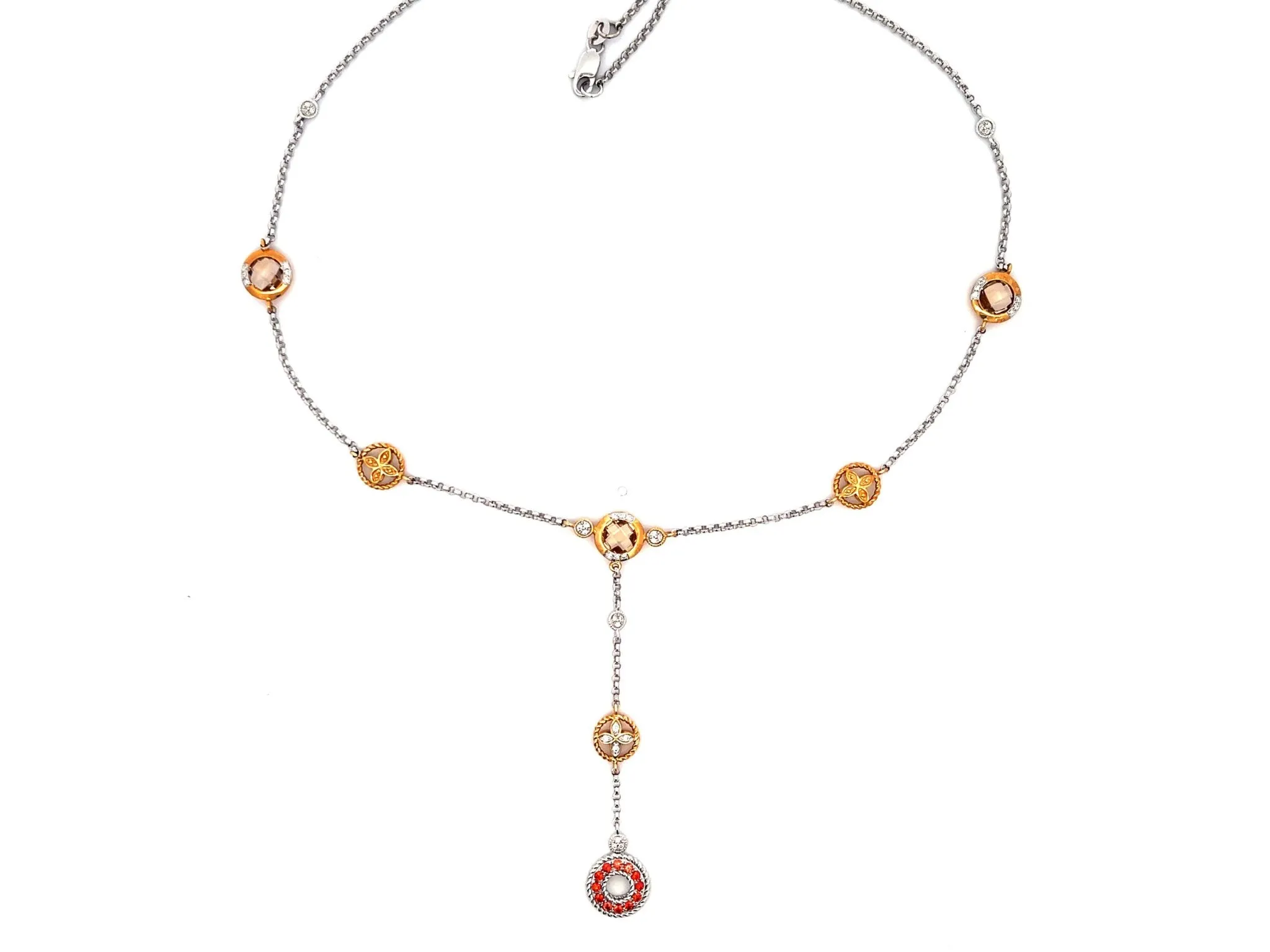 Mandarin Garnet Smokey Topaz and Diamond Necklace in 14k White and Yellow Gold