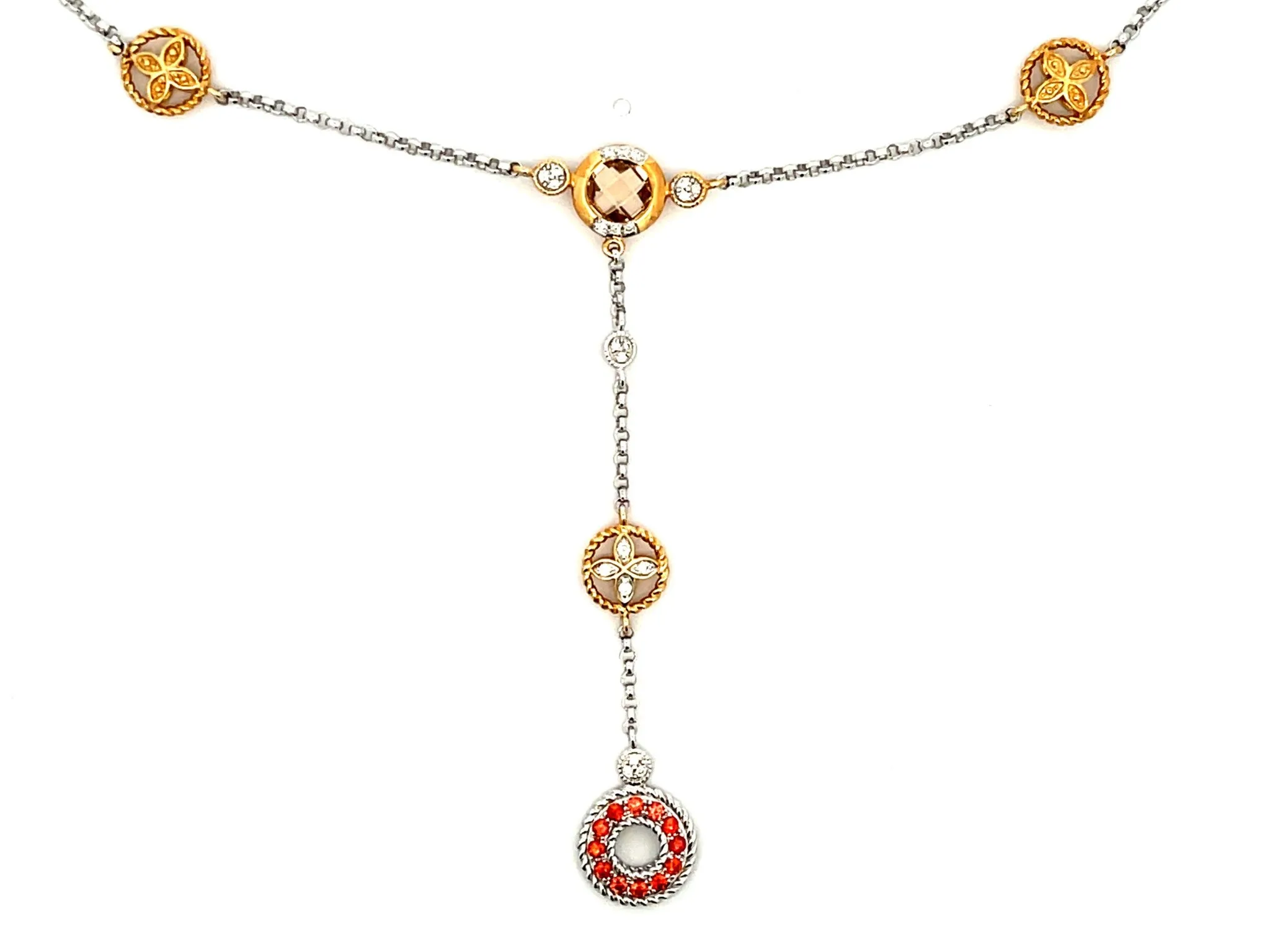 Mandarin Garnet Smokey Topaz and Diamond Necklace in 14k White and Yellow Gold