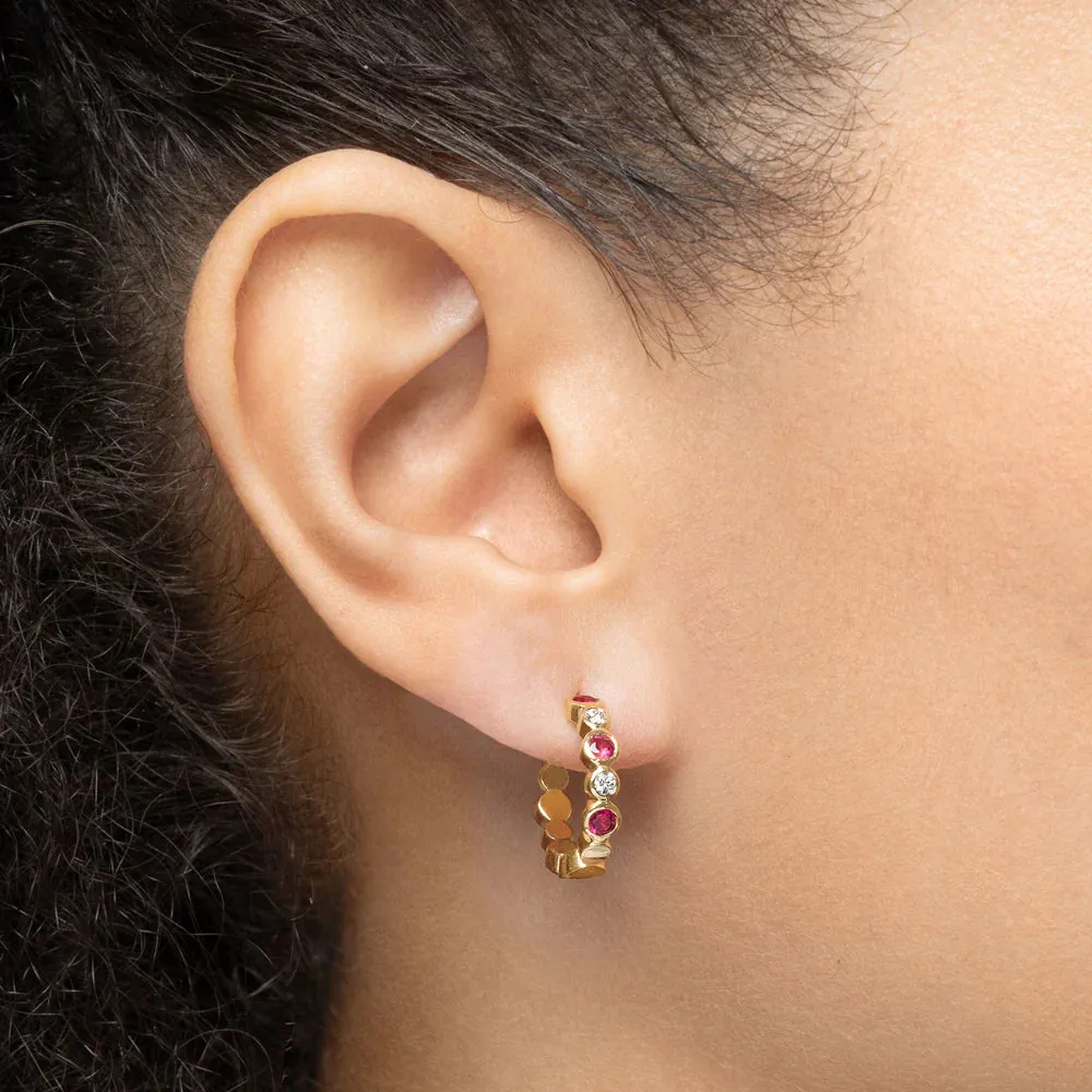 Mark Henry 18k Yellow Gold Bubbly Ruby and Diamond Mini Hoop Earrings