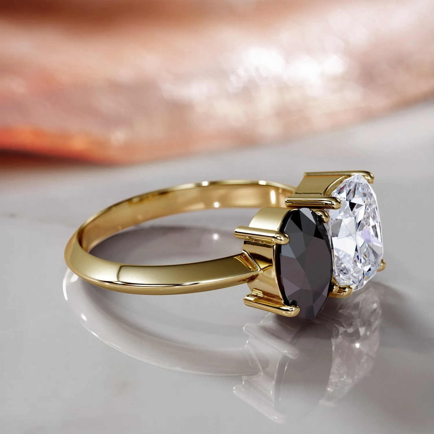 Mars's Moons - Two Stone Natural Black Diamond Oval Engagement Ring in Yellow Gold