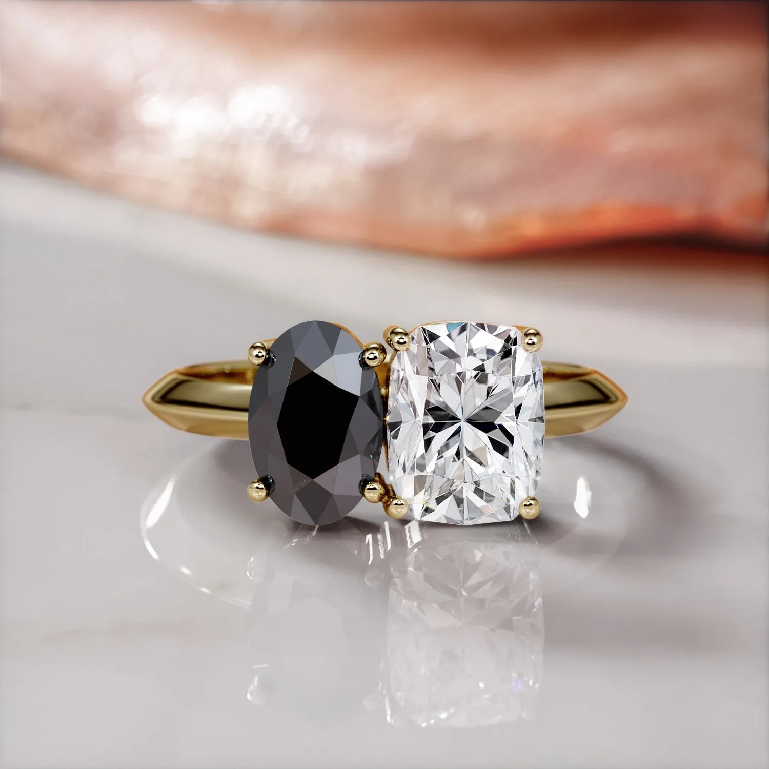 Mars's Moons - Two Stone Natural Black Diamond Oval Engagement Ring in Yellow Gold