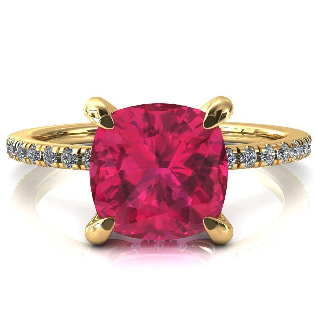 Mayeli Cushion Ruby 4 Claw Prong Micro Pave Diamond Sides Engagement Ring