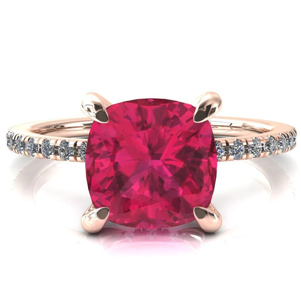 Mayeli Cushion Ruby 4 Claw Prong Micro Pave Diamond Sides Engagement Ring