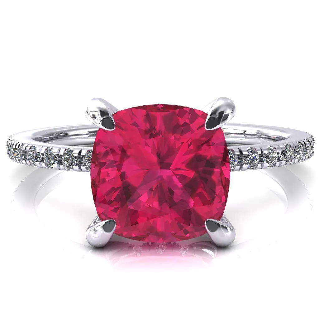 Mayeli Cushion Ruby 4 Claw Prong Micro Pave Diamond Sides Engagement Ring