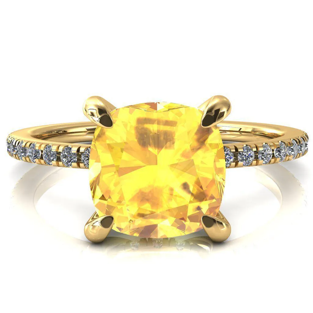 Mayeli Cushion Yellow Sapphire 4 Claw Prong Micro Pave Diamond Sides Engagement Ring