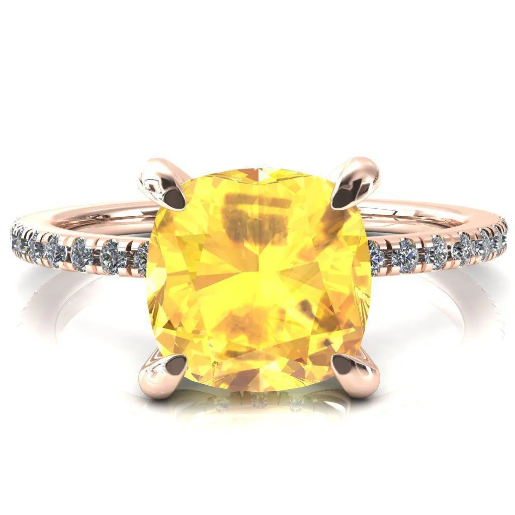 Mayeli Cushion Yellow Sapphire 4 Claw Prong Micro Pave Diamond Sides Engagement Ring