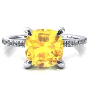 Mayeli Cushion Yellow Sapphire 4 Claw Prong Micro Pave Diamond Sides Engagement Ring