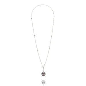 MCL Design White Rhodium Plated Sterling Lariat Necklaces With Set Blue Topaz And Garnet And White Topaz And Amrthyst And White Topaz Bead And Hematite Bead