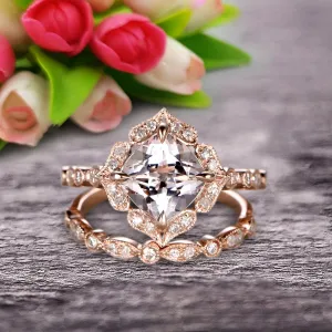 Milgrain Cushion Cut Morganite Wedding Set Bridal Set Engagement Ring 10k Rose Gold Vintage Look Glaring Staggering Ring