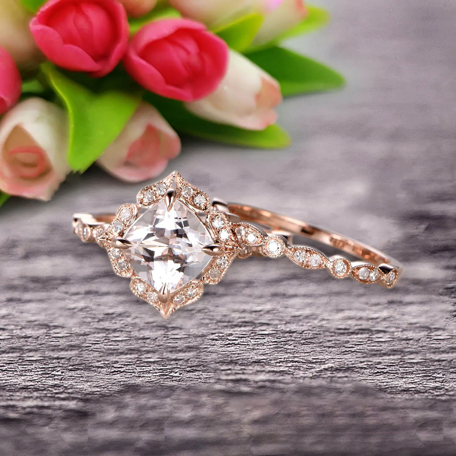 Milgrain Cushion Cut Morganite Wedding Set Bridal Set Engagement Ring 10k Rose Gold Vintage Look Glaring Staggering Ring
