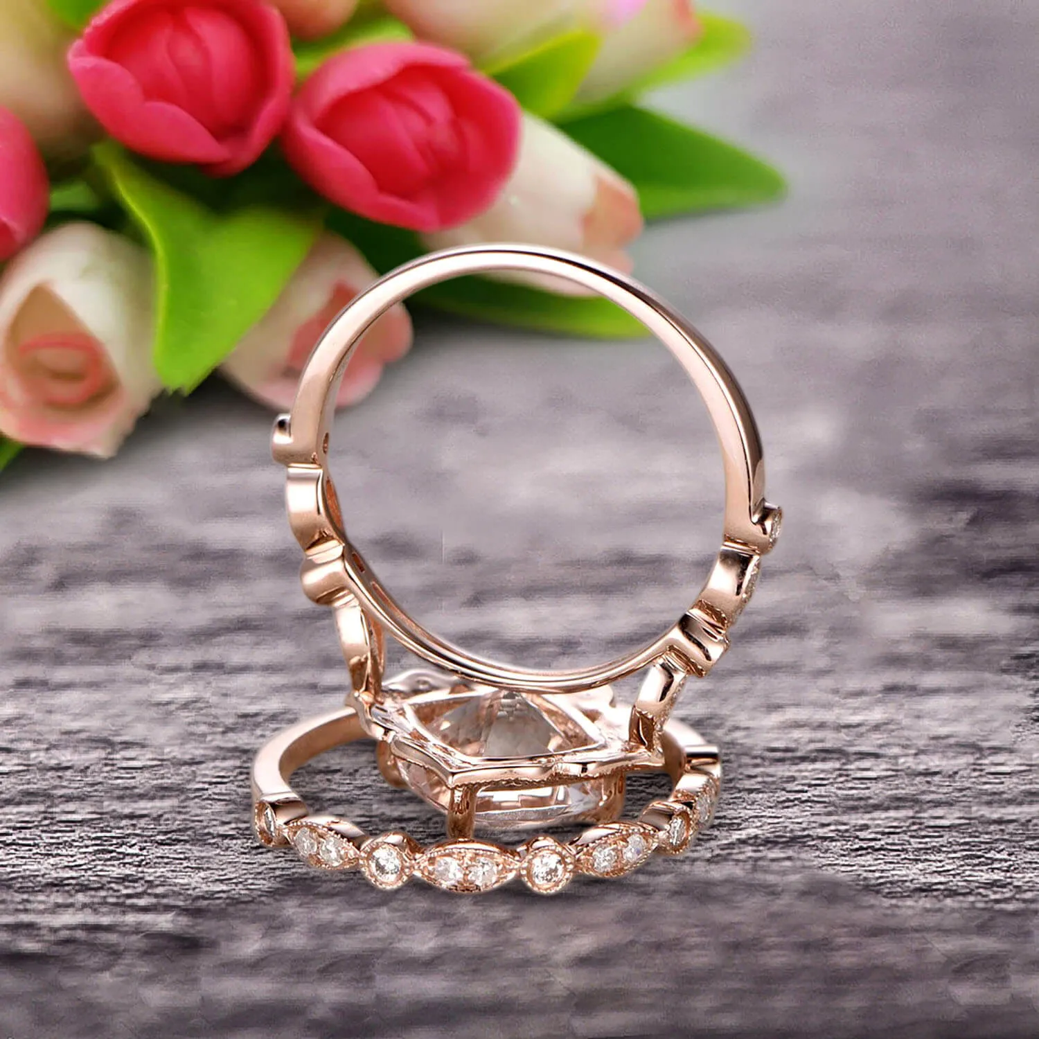 Milgrain Cushion Cut Morganite Wedding Set Bridal Set Engagement Ring 10k Rose Gold Vintage Look Glaring Staggering Ring